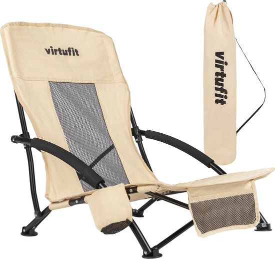 VirtuFit Opvouwbare strandstoel - Beige | Inklapbaar | Mesh & Polyester | Staal frame