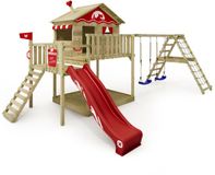 Wickey Smart Ocean Speeltoestel - Dubbele schommel met Glijbaan en Speelhuisje - Klimnet & Winkel - 630x389x305 cm - Rood