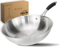 DIVORY wokpan roestvrij staal 28 cm – Zonder coating, vrij van PTFE/PFOA, geschikt voor inductie, alle fornuizen & gas, vaatwasmachinebestendig (PURA, 28cm)