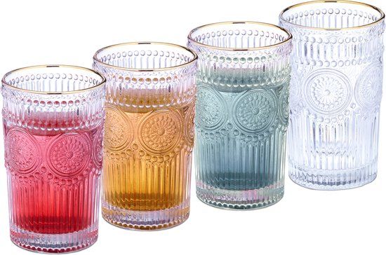Relaxdays Drinkglazen Set van 4 - 400 ml - Gouden Rand - Boho - Vaatwasserbestendig