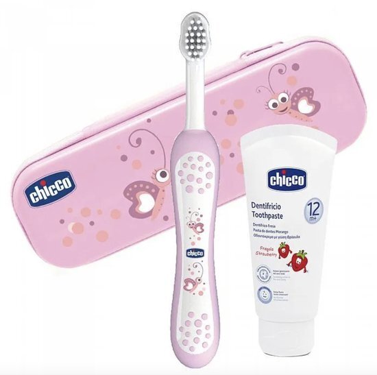 Chicco Oral Set incl. Tandenborstel en Tandpasta aardbei met flouride roze