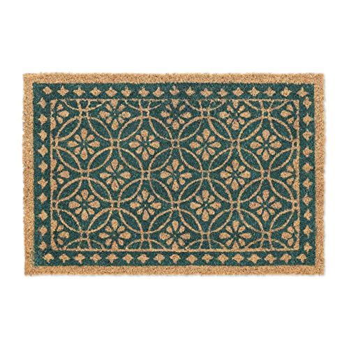 Relaxdays Voetmat van kokos, bloemendesign, deurmat buiten en binnen, rubberen kokosmat 60x40 cm, donkergroen/natuur