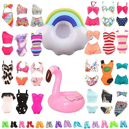 Miunana Jurken voor Poppen Kleding + Schoenen + Accessoires (5 Zwemkleding + 5 Schoenen + 2 Zwemringen)