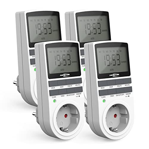 Ansmann Digitale timer AES4 (4 stuks) elektrische tijdschakelaar, stopcontact voor binnen, LCD, 10 configureerbare programma's, inbraakvrije toevalsfunctie, zomertimer, max. 3680 W