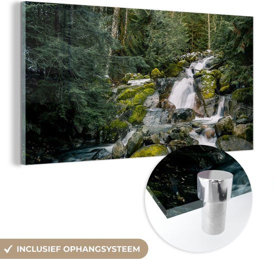 MuchoWow® Glass Painting 40x20 cm - Acrylic Glass Painting - Nature - Waterfall - Trees - Autumn - Photo on Glass - Paintings