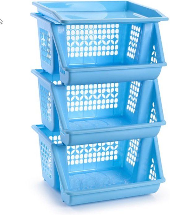 PLASTICFORTE Opbergmand - 3 Vakken - Blauw - 62 x 32 cm - 77 Liter - Kunststof