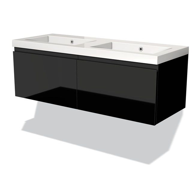 Maxaro Badkamermeubel 120cm Modulo Hoogglans Zwart 2 Lades Greeploos Wastafel Mineraalmarmer