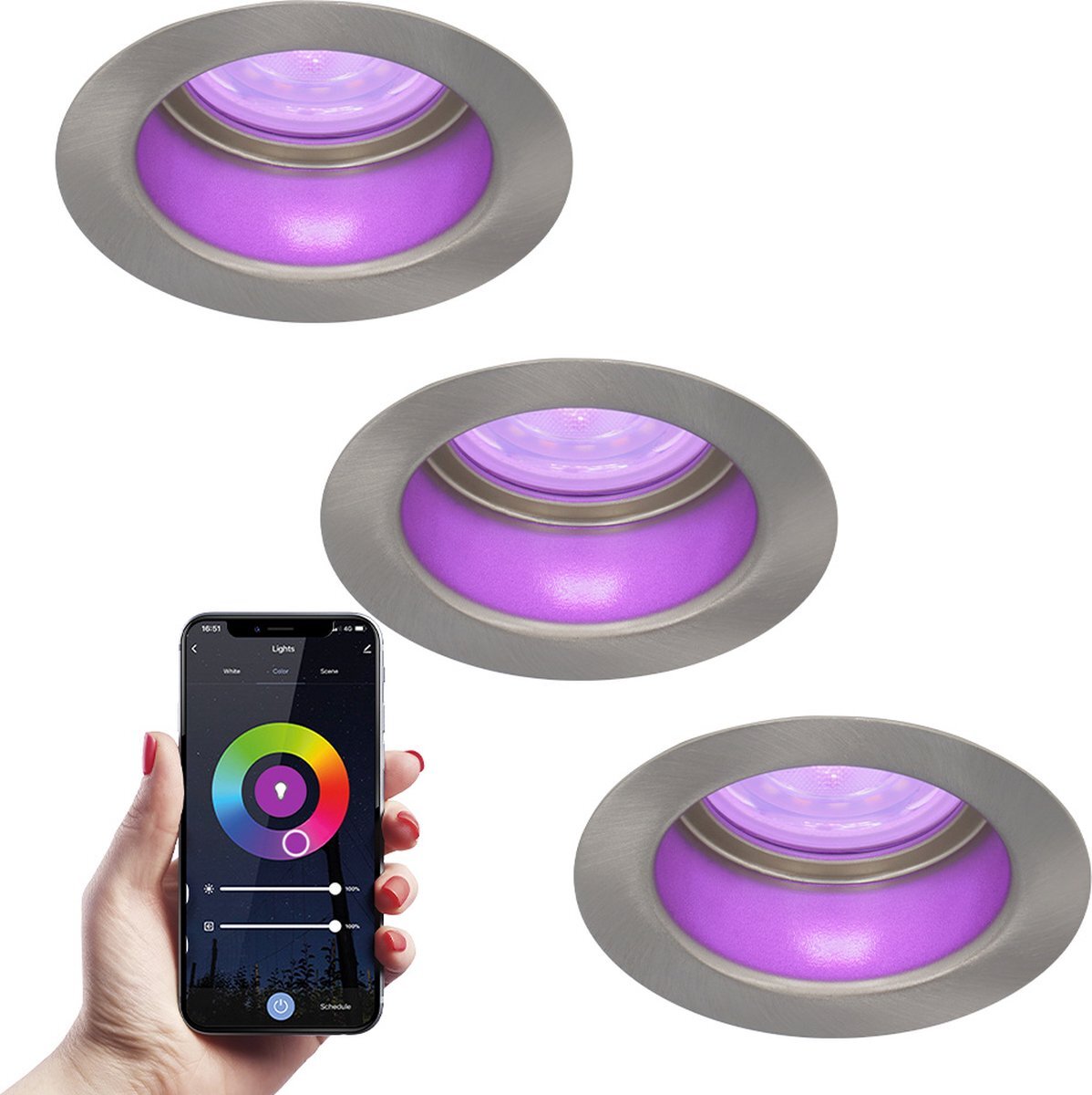 HOFTRONIC SMART Set van Mari - Smart Inbouwspot Verdiept RVS - 16,5 miljoen kleuren RGBWW - Verwisselbare GU10 - 345 Lumen - Bedienbaar via Smartphone Google Home, Alexa & Siri - Wifi spot - Zaagmaat:67-75mm - Inbouwdiepte: 111mm - Voor buiten