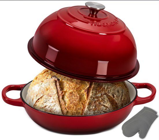 NutriChef Dutch Oven - Broodoven - 6L Dome-vormige Sourdough Bakpan - Met Handvatten & Silicone Handschoenen - Rood