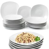 Shally Dogan 18-delig porseleinen tafelservies voor 6 personen, set bestaande uit 6 platte borden, 6 diepe borden, 6 desserts en fruit, modern en glad design (vierkant)