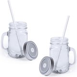 Mason Jar Beker - 12x stuks - glas - dop Argent met rietje - 500 ml - afsluitbaar - fruit shakes