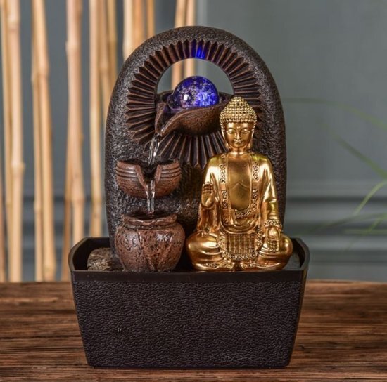 Zen Light Kamerfontein Boeddha Bhava – decoratie Zen en Feng Shui – origineel cadeau – ledverlichting meerkleurig; afvoer op 3 niveaus – L 20 x B 15 x H 25 cm – bruin eenheidsmaat