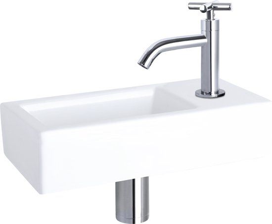 Differnz Ravo Fonteinset - Keramiek - Wit - Gebogen Kraan - Chroom - 38.5x18.5x9cm