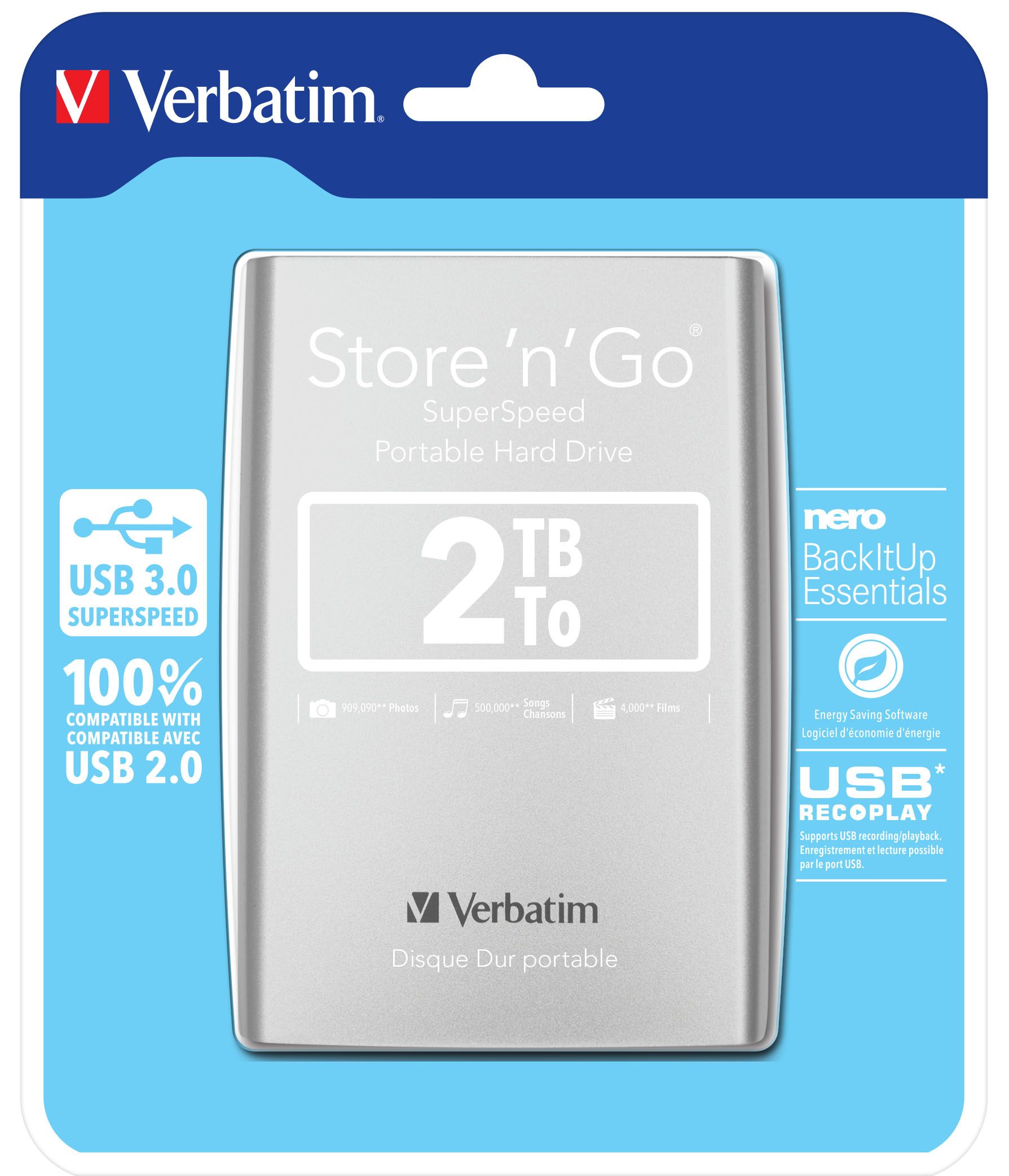 Verbatim Store 'n' Go 2TB USB 3.0 Portable Hard Drive - Silver