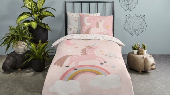 Pure Dekbedovertrek Eenhoorn, Regenboog en Sterren - 1 Persoons 140x200/220 cm - Roze - Microvezel