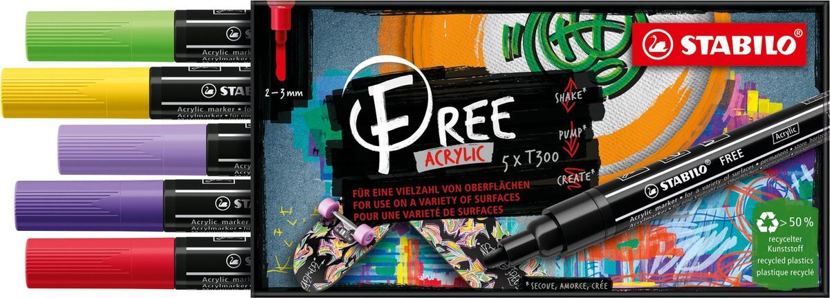 Stabilo FREE - Acryl Marker - T300 - Ronde Punt - 2-3 mm - Set Vibrant - Met 5 Verschillende Kleuren