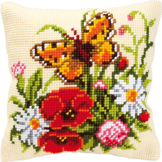 Vervaco Kruissteekkussen kit - Bloemen met vlinder - 40 x 40 cm