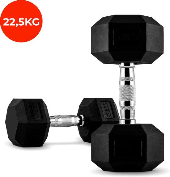Core Power Rubber Hex Dumbbells - 22.5 kg (Pair) - Black