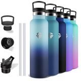 Grsta Thermosfles, 1 liter, BPA-vrij, sportfles met rietje, lekvrij, roestvrijstalen waterfles, houdt 12 uur warm / 24 uur koud, voor camping, yoga