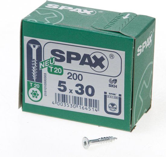 Spax Spaanplaatschroef platverzonken kop verzinkt T-Star T20 deeldraad 5.0 x 30mm - 200 stuks