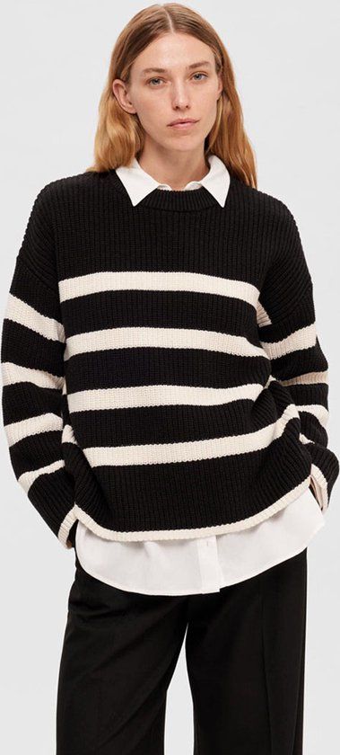 Selected Femme Bloomie LS Knit O-Neck Trui - Zwart/Wit - Dames - Maat M