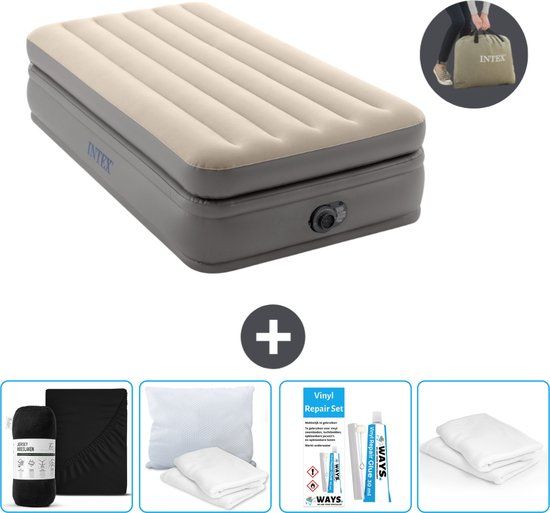 Intex Luchtbed - 1-Persoons - 99 x 191 x 51 cm - Beige - Inclusief pomp - Hoeslaken - Kussen - Reparatieset en Kussenbeschermer