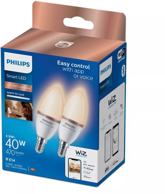 Philips Smart Lighting Kaarslamp 2-pack - Slimme LED-Verlichting - Warm- tot Koelwit Licht - E14 - 40W - Mat - Wi-Fi