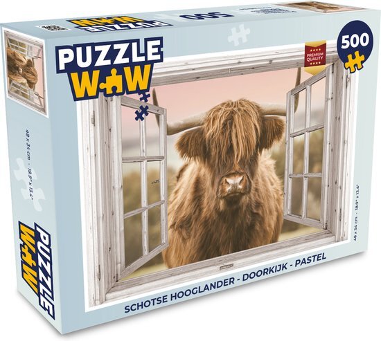 MuchoWow Puzzel Schotse hooglander - Doorkijk - Pastel - Legpuzzel - Puzzel 500 stukjes