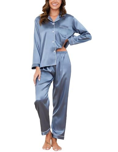 Pyjama Dames Satijnen Pyjama Set met knoopsluiting, Tweedelige Zijden Pyjama Voor Dames, V-hals Zachte Zijden Pyjama Nachtkleding, Loungewear Voor Alle Seizoenen