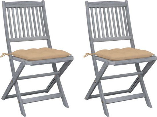 vidaXL Set van 2 klapstoelen met kussens, massief acaciahout, beige