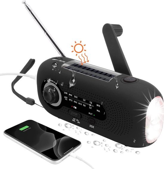 Radio op zonne-energie met zwengel - noodradio dynamo met AM/FM - 2000 mAh batterij - LED zaklamp SOS-alarm voor buiten