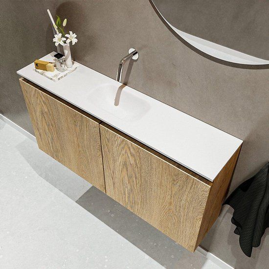 MONDIAZ TURE Fonteinset - 100x23x50cm - Washed Oak Mat - Solid Surface Wit
