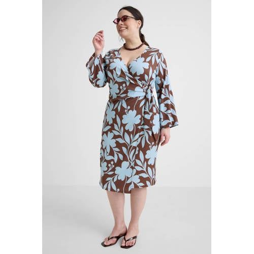 GREAT LOOKS crinkle jurk met bloemenprint blauw/bruin
