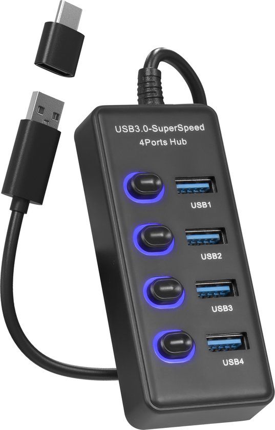 Nuvance USB Hub 3.0, 4 Poorten, Splitter, USB C Hub/Adapter, Universeel, Aan Uit Schakelaar, Zwart
