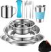 Set de mesure de camping Set de vaisselle de camping en acier inoxydable Set de mesure comprenant une assiette, un bol, une cuillère, une fourchette, un couteau dans un sac en filet pour le camping, la randonnée et le backpacking pour 1-2 personnes