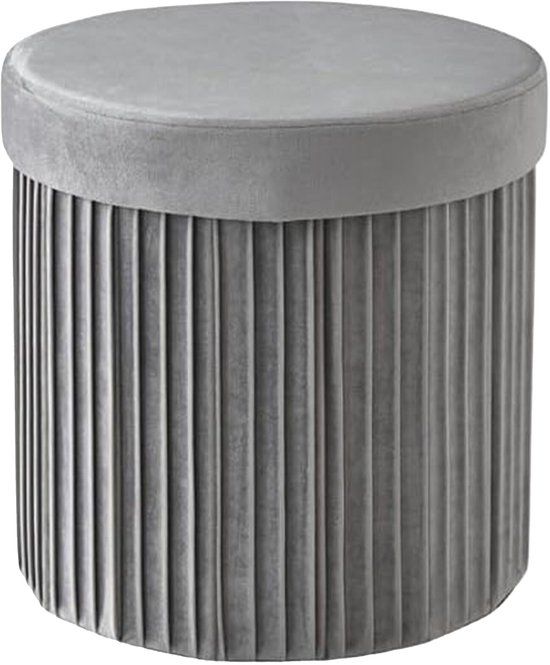 Merkloos Relaxdays Ronde Poef met Opbergruimte - 38 cm - Fluweel - Lichtgrijs