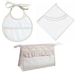 Filet - Badkamerset, 3 stuks om te borduren, badjas, driehoek, envelop met ritssluiting, slabbetje, origineel cadeau-idee voor baby's, Made in Italy, kleur taupe