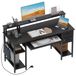 Bureau 120x50 cm noir avec 2 tiroirs, support pour moniteur et prise de courant