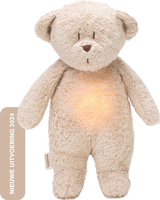 Moonie The Humming Bear Sand Natur | Hartslag en ruis knuffel met huilsensor en licht | Slaapknuffel | Nieuw 2024