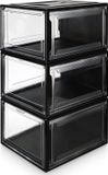 Yorbay Schoenendoos, set van 3 stapelbare schoenopbergdozen, supertransparant plastic met deksels van 37 x 25,5 x 20 cm, stevig en dik, voor dames-/herenschoenen tot maat 47,5, zwart, herbruikbaar