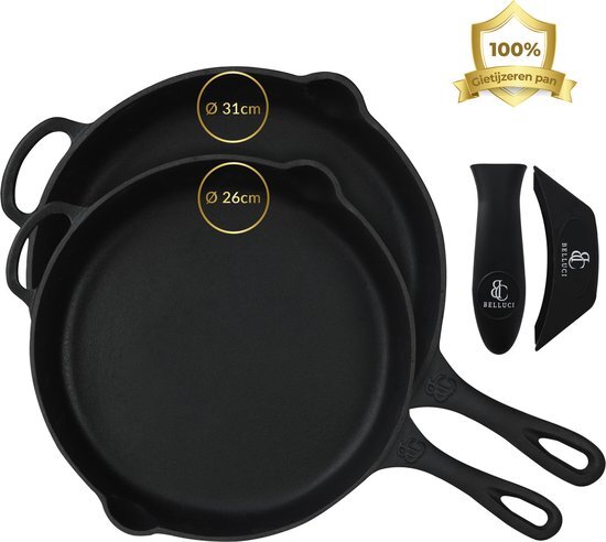 Belluci - Pannenset Ø31cm + 26cm - Gietijzeren pan - Skillet - Koekenpan - Alle Warmtebronnen BBQ en Inductie incl. accessoires - Koekenpannenset - Pannensets - Hapjespan - Braadpan