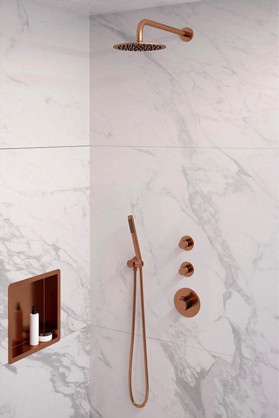 Brauer Copper Edition Inbouw Regendouche Set - Gebogen Wanduitloop - Ronde Hoofddouche 20 cm - Koper