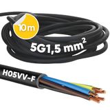 Kalitec 10 meter H05VV-F flexibele kabel 5x1,5 mm² | 5G1,5 mm² stroomkabel met beschermingsgeleider | PVC-kabel voor binnengebruik | zwarte elektrische kabel | flexibele lampkabel | 5-aderige apparaatkabel