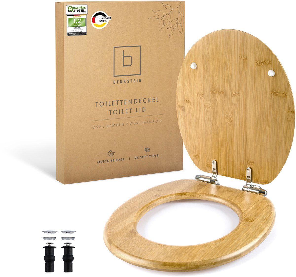 Benkstein® Toiletdeksel met softclosemechanisme, bamboe, antibacterieel, Quick-Release voor eenvoudige reiniging, eenvoudige montage, robuust en duurzaam, wc-deksel van hout, afneembaar