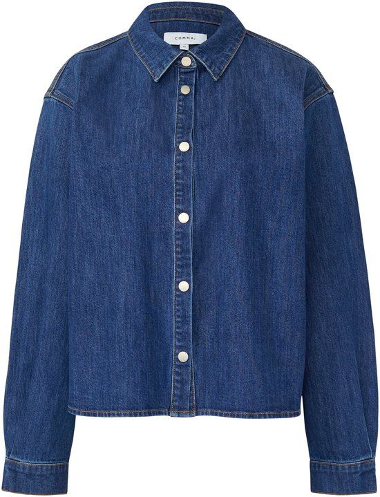comma Bluse Vrouwen Blauw Katoen Regular Fit Lange Mouw Klassieke Kraag Casual