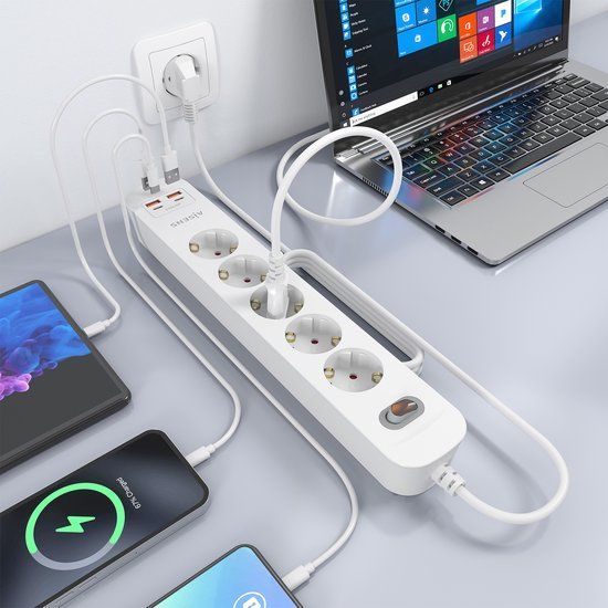 AISENS ASPS-2A2C14-W Stekkerdoos met 5 stopcontacten + oplader PD3.0, 20 W, 2 x USB-C, 2 x USB-A, 1,4 m, wit