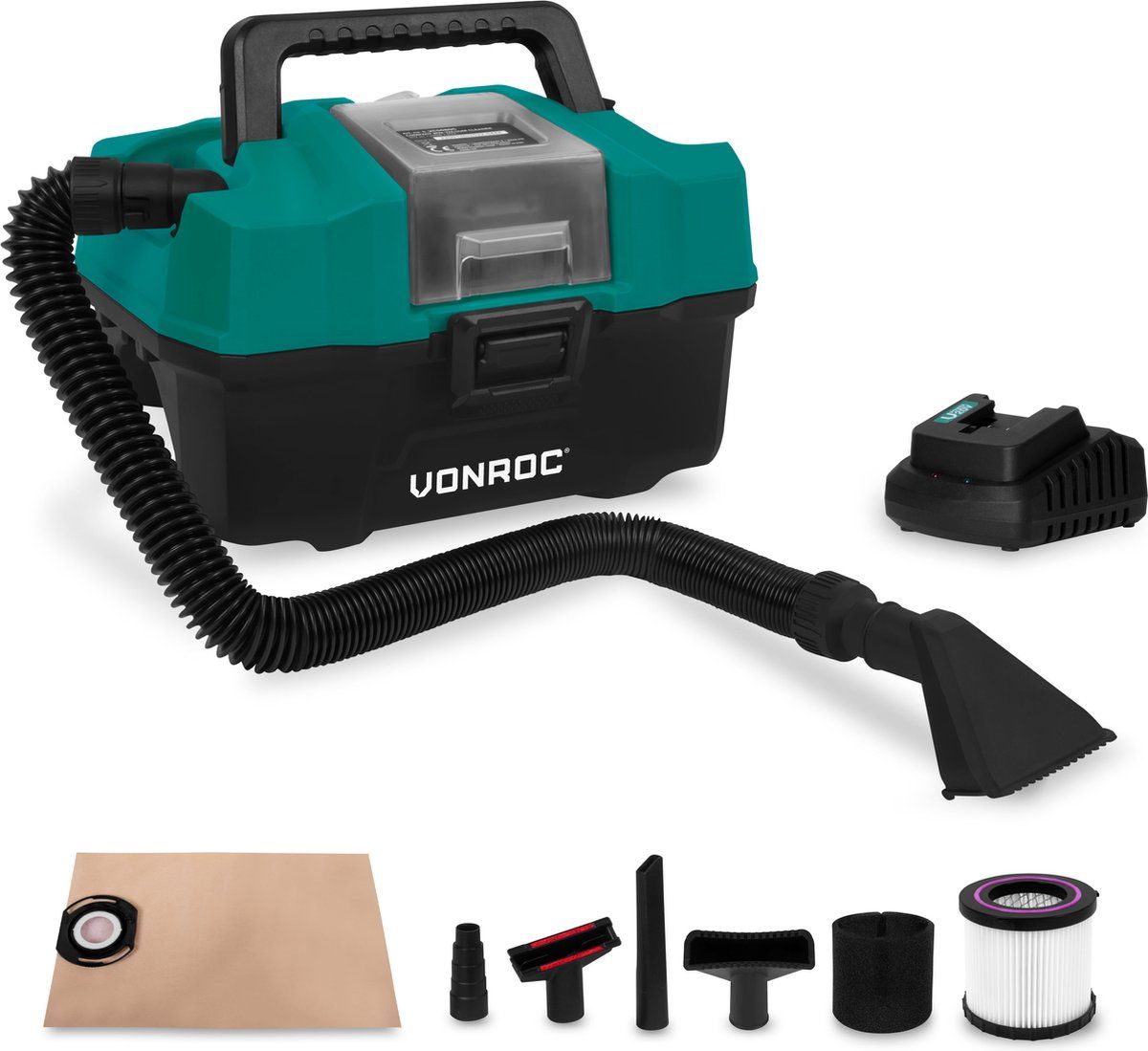 VONROC Compacte alleszuiger - 20V - Incl. Diverse accessoires, 2.0Ah accu en snellader