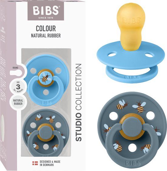 BIBS Colour Studio Speen verpakking van 2 stuks. BPA-vrij, Ronde speen. Natuurlijk rubberlatex, Gemaakt in Denemarken, Maat 3 (18+ maanden), Breeze / Petrol