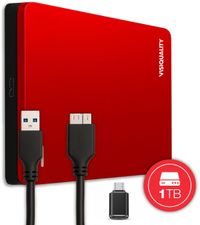 VisiQuality Disque dur externe haute vitesse 1 To - Double lecteur portable USB 3.0/C - Pour Windows et Mac - Convient pour consoles de jeux - Compact - Avec manuel - Rouge