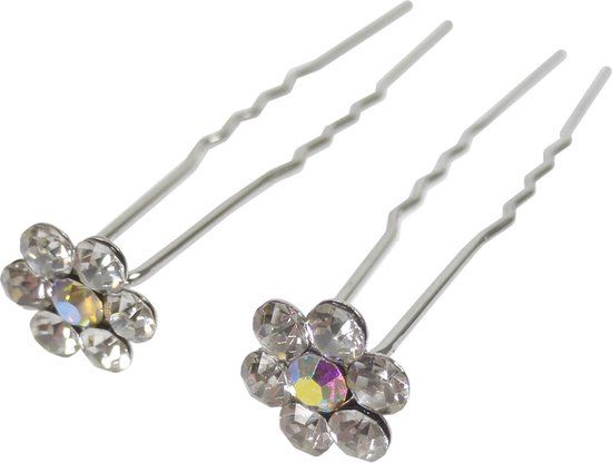 Haarpinnen Bloem Steentjes Zilver - Zilver - Metaal - 2 stuks